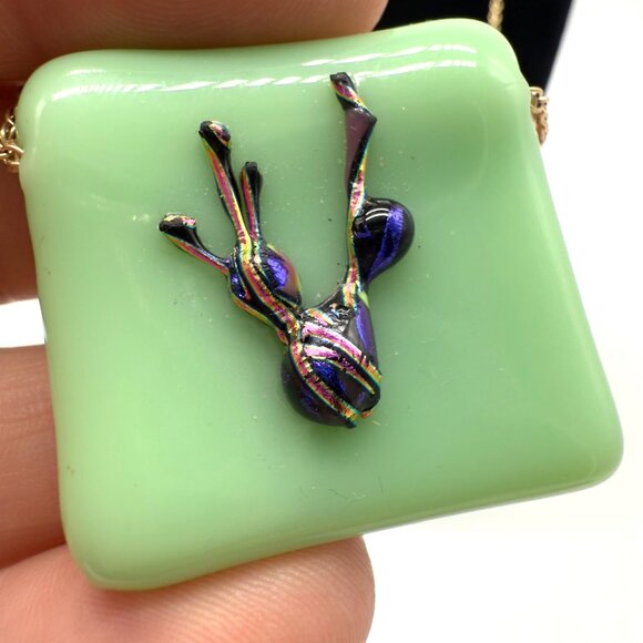 Art Glass Pendant 10K Gold Filled Necklace Green Square Fused Raised Abstract - Picture 4 of 7